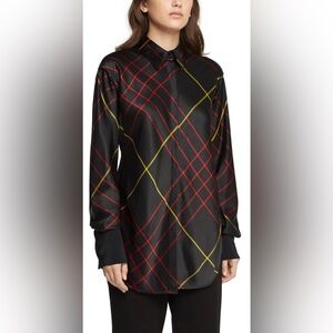 Rag & Bone Edith Blouse Black Red Silk Satin Window Pane Plaid Tunic size XS